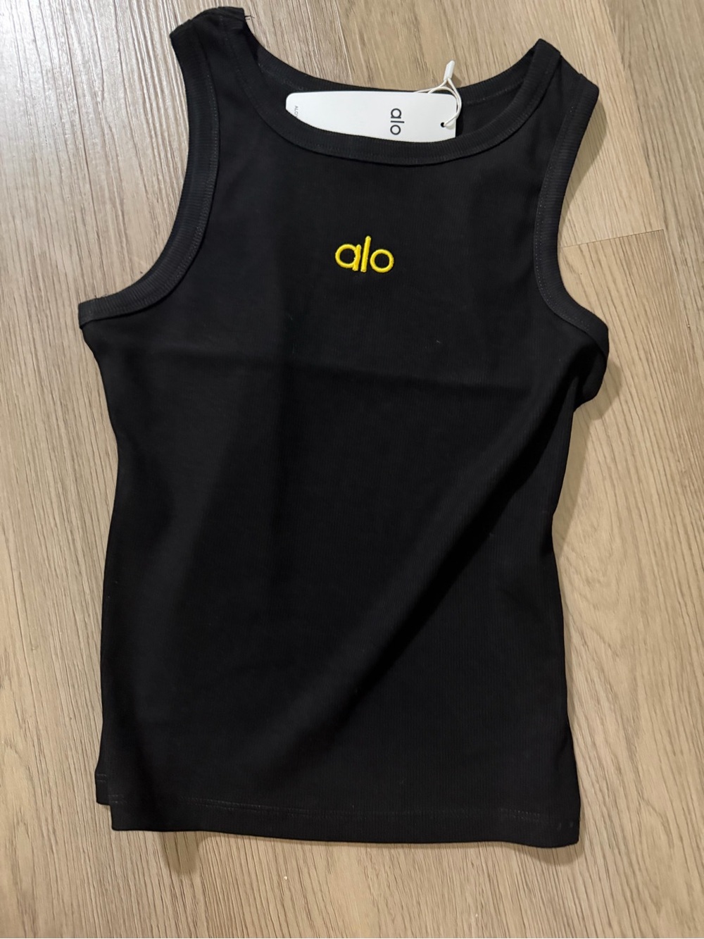 ALO Yoga Black Ribbed Muscle Tank with Yellow Logo - Picture 3 of 3